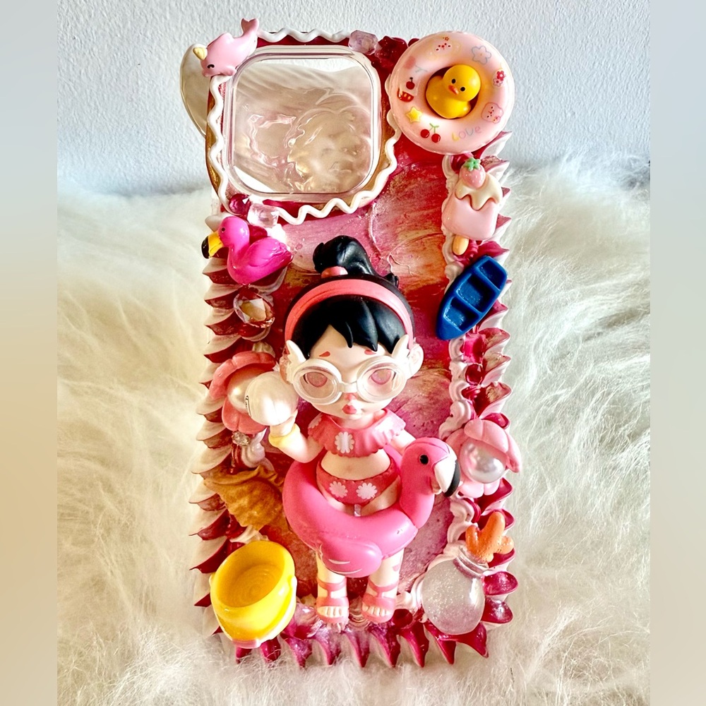 Pink Decorative Phone Case with Cute Authentic Laura  Figurine For IPhone 16 PM